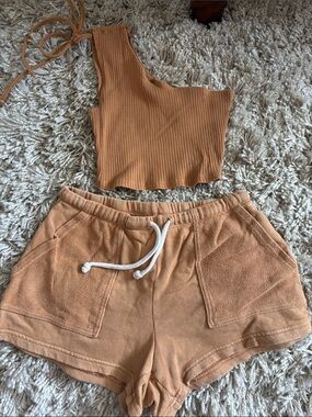 aerie One-Shoulder Ribbed Crop Top & Drawstring Terry Shorts Set - Rust/Copper